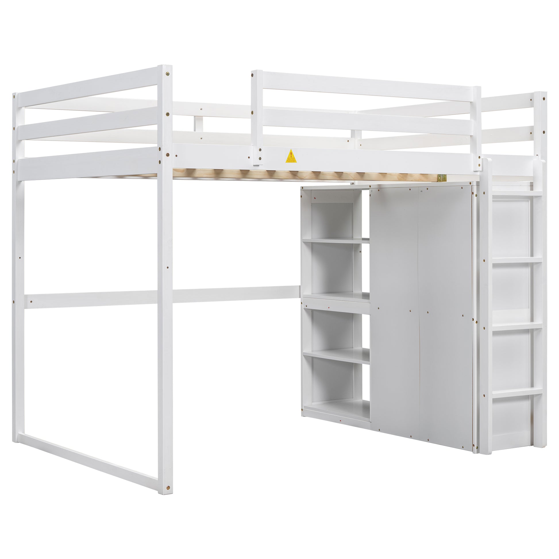 White wooden loft bed with integrated shelves and ladder