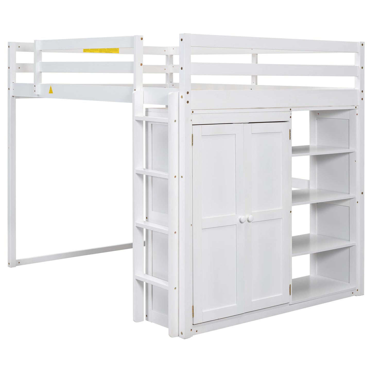 White loft bed with integrated cabinet and shelves