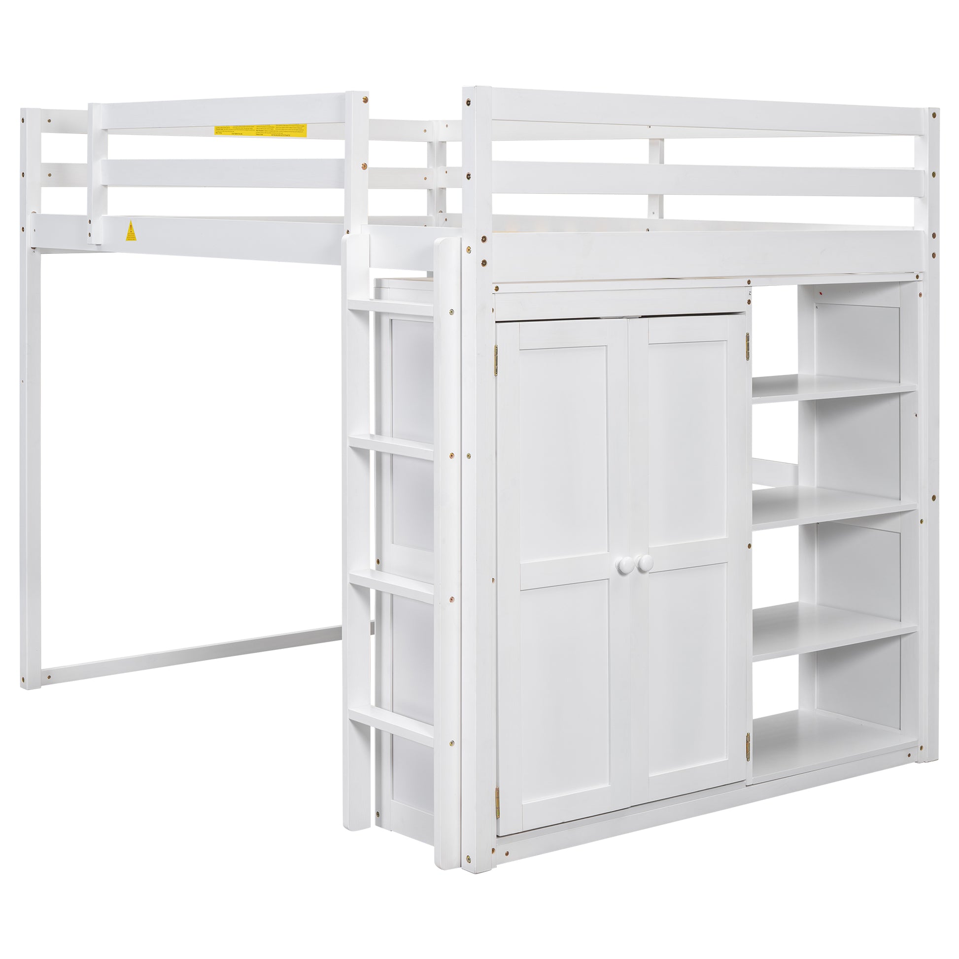 White loft bed with integrated cabinet and shelves