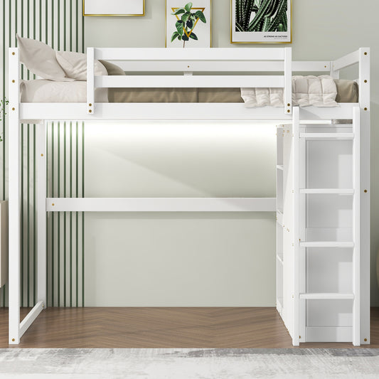 White wooden loft bed with ladder and integrated shelf
