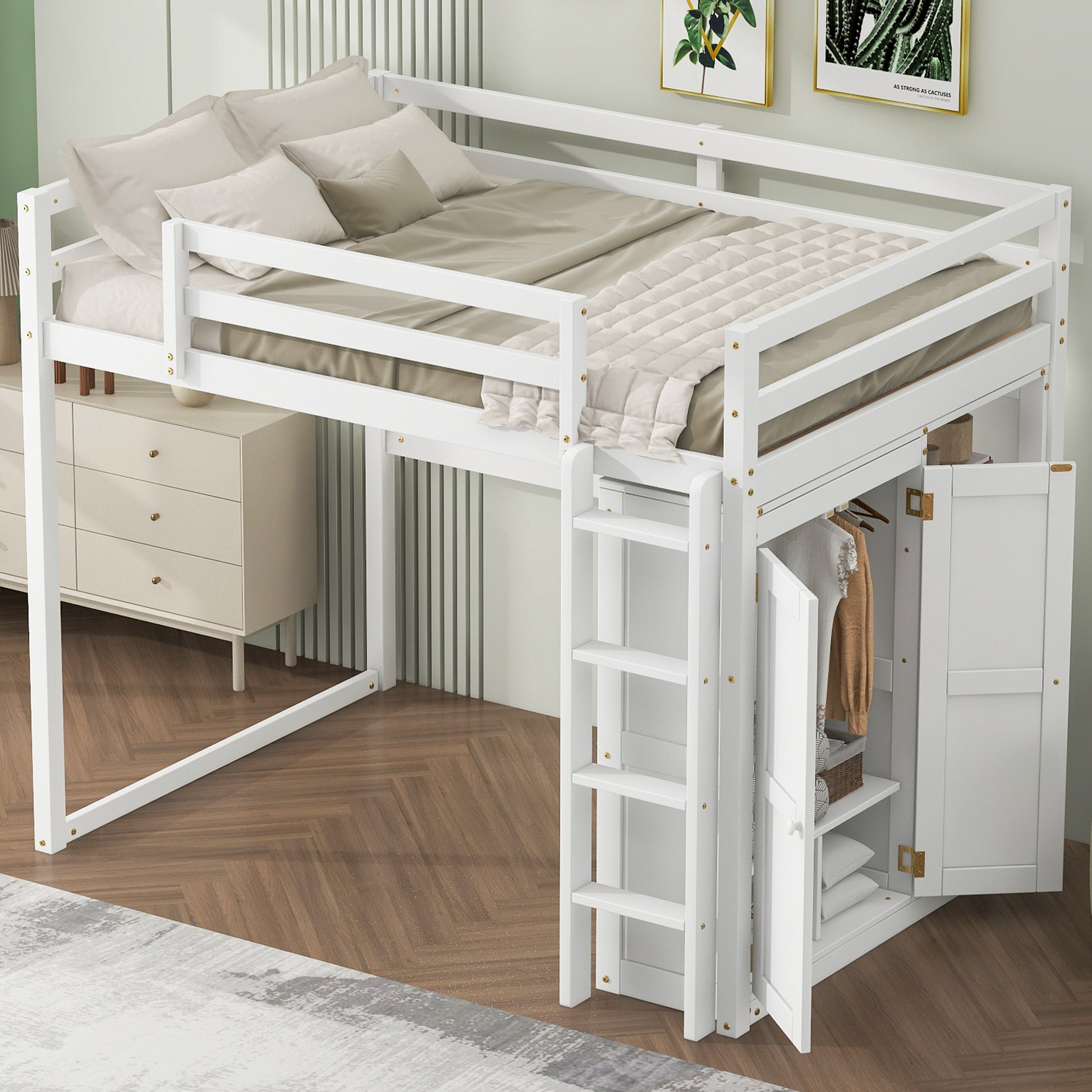 White loft bed with integrated wardrobe and ladder