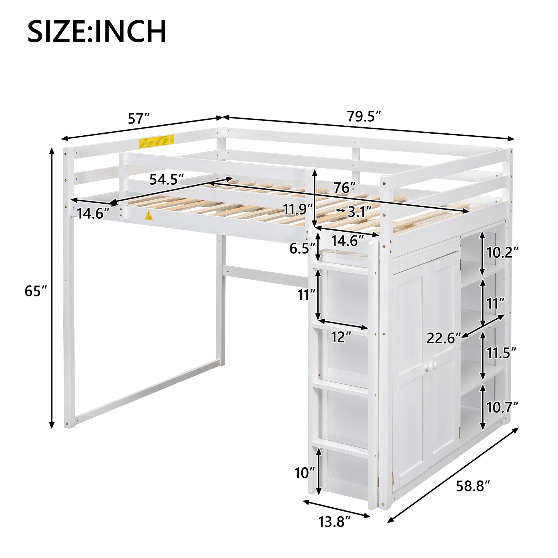 White loft bed with stairs and cabinet dimensions shown Ideal for kids