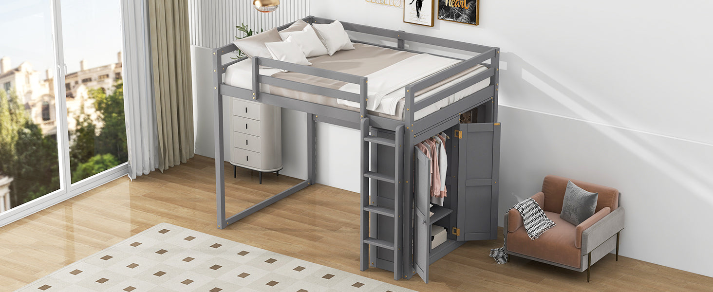 Gray wooden loft bed with builtin wardrobe and dresser