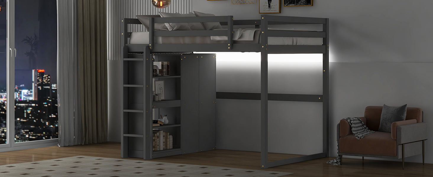 Gray metal loft bed with shelves and integrated wardrobe for small spaces