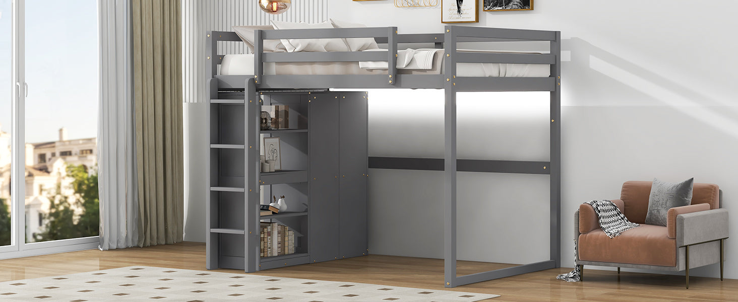 Gray wooden loft bed with integrated shelving and wardrobe