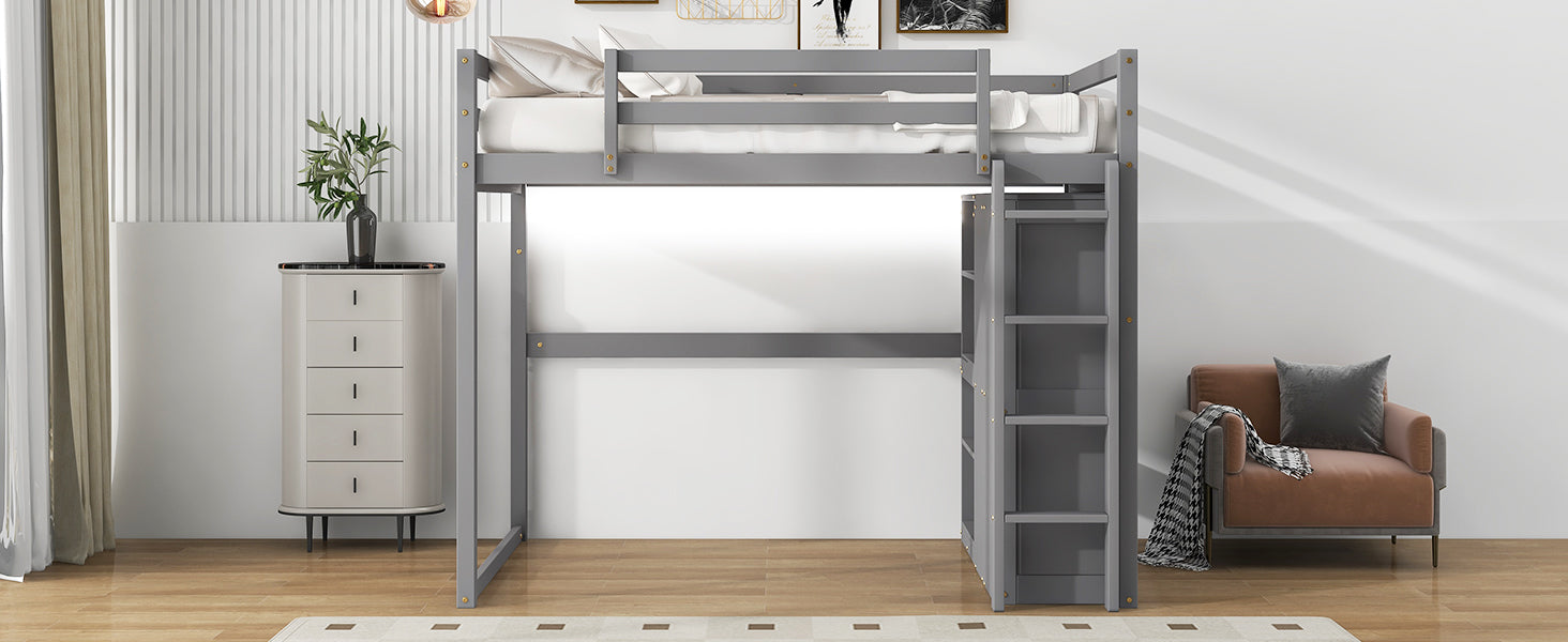 Gray wooden loft bed with integrated ladder and shelves