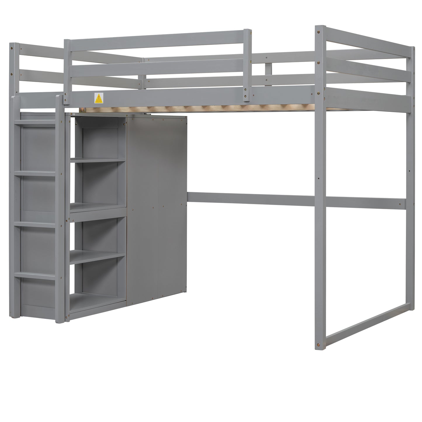 Gray wooden loft bed with integrated ladder and shelves