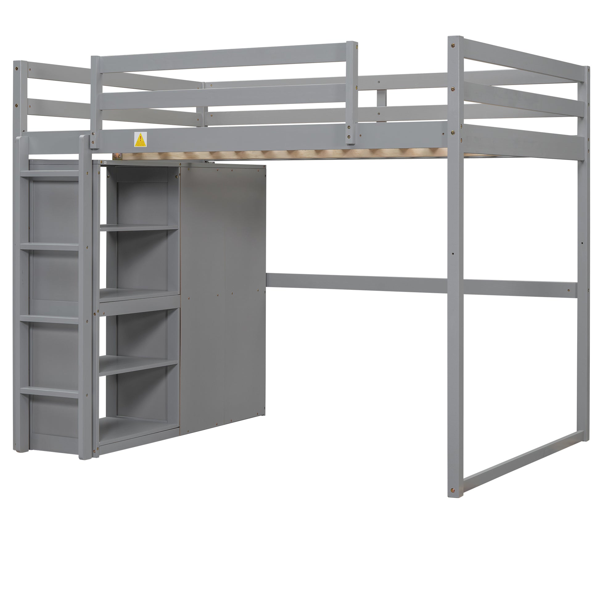 Gray wooden loft bed with integrated ladder and shelves
