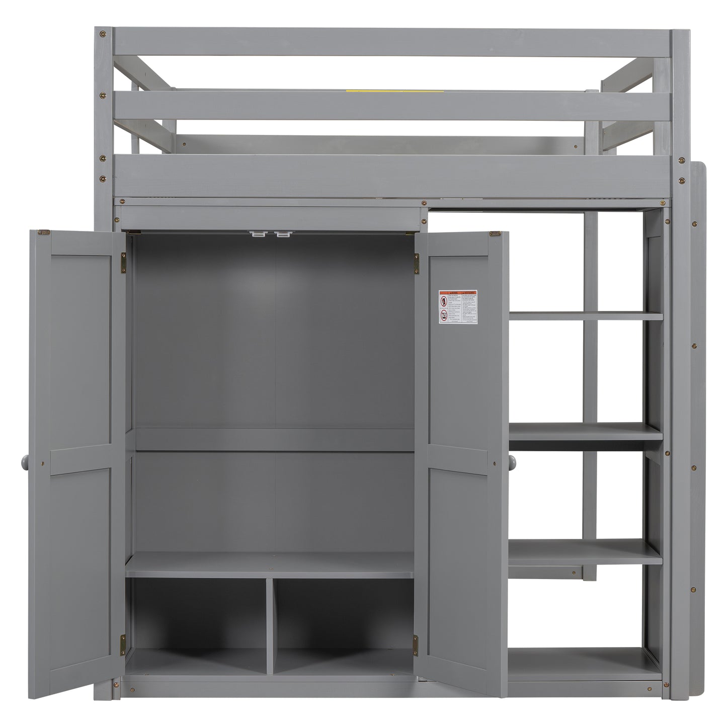 Gray loft bed with builtin wardrobe and open shelving