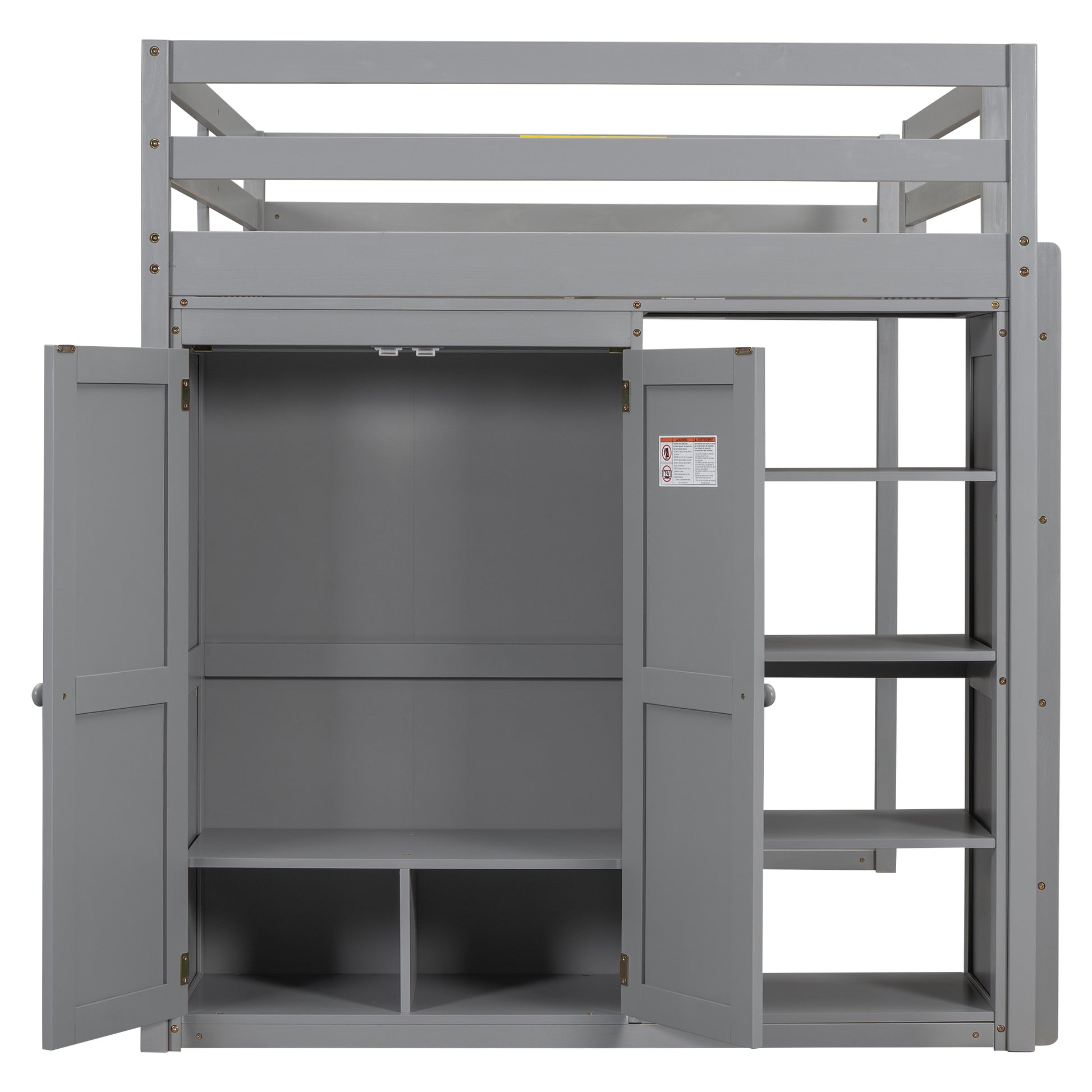 Gray loft bed with builtin wardrobe and open shelving