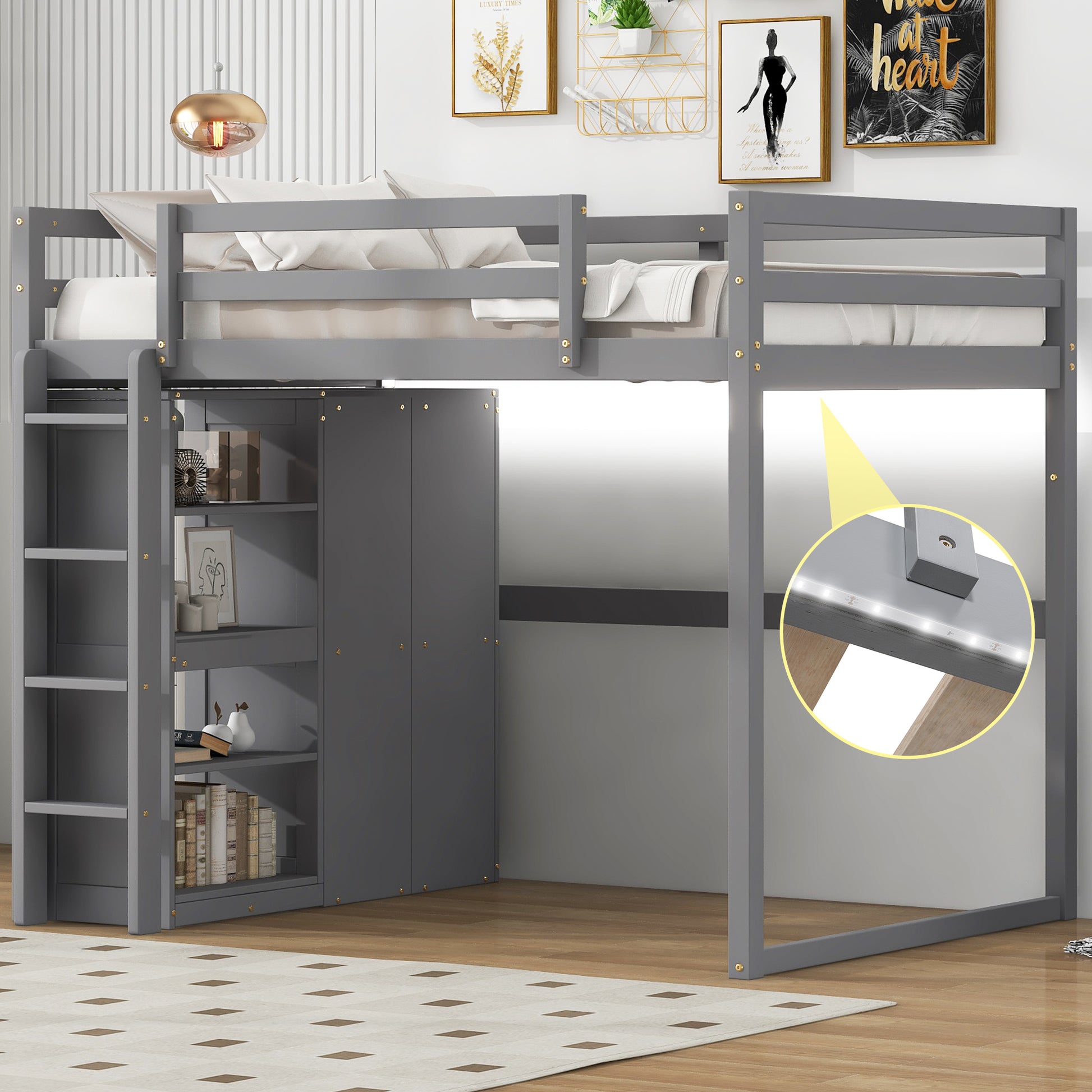 Grey loft bed with integrated shelving and cabinets perfect for small bedrooms