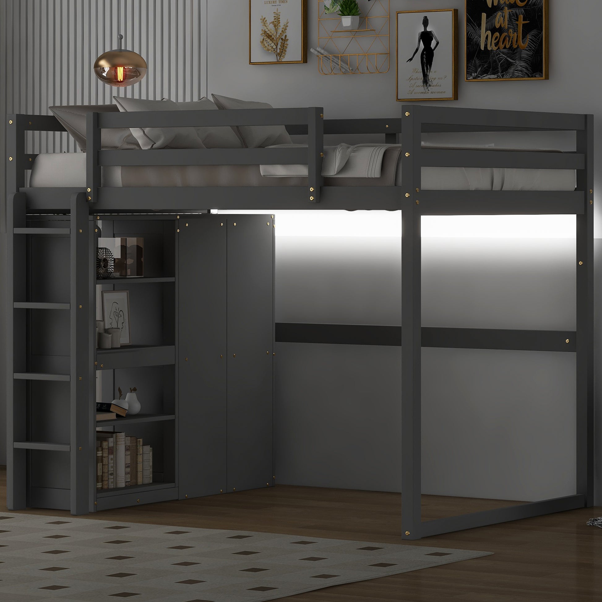 Dark gray wooden loft bed with builtin shelves and wardrobe