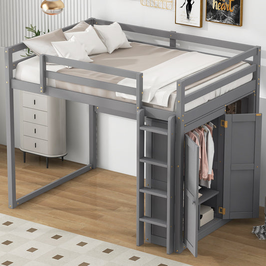 Gray wooden loft bed with integrated wardrobe perfect for kids rooms