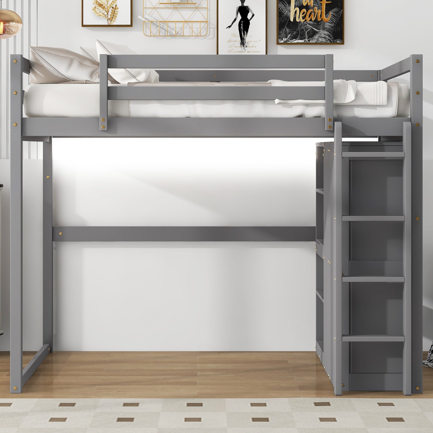 Gray wooden loft bed with integrated ladder and shelving