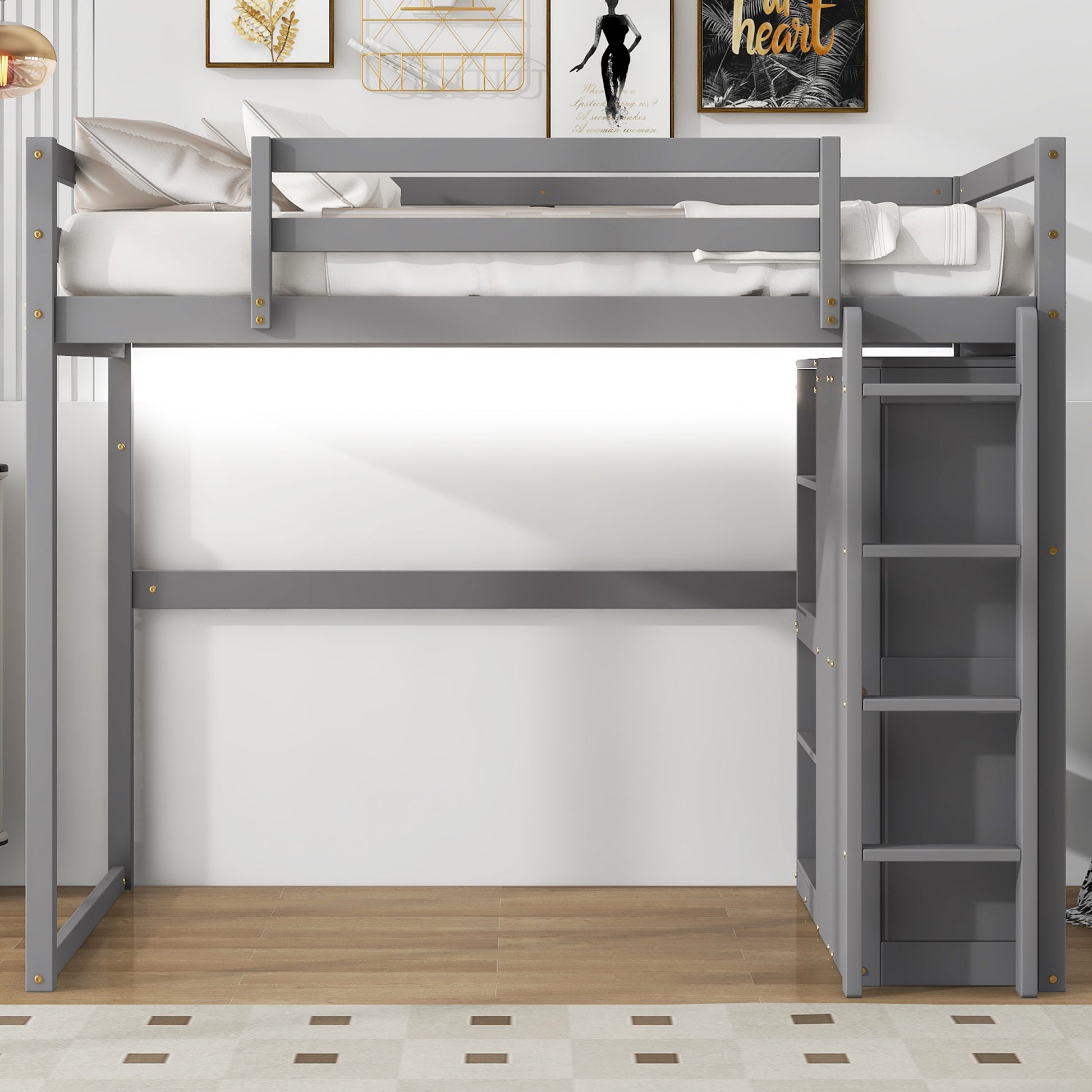 Gray wooden loft bed with integrated ladder and shelving