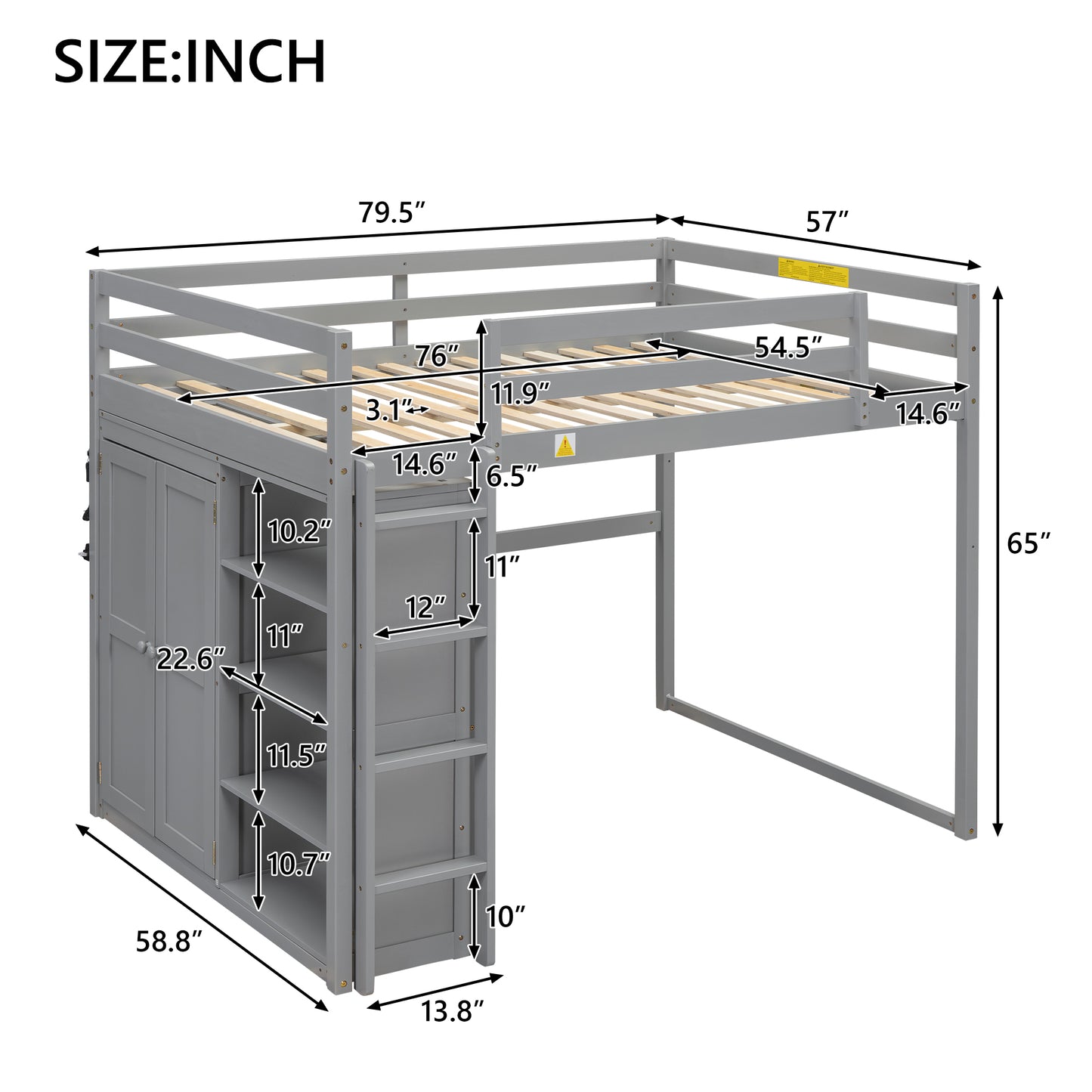 Gray loft bed with integrated storage shelves and cabinet Dimensions shown Keywords loft bed