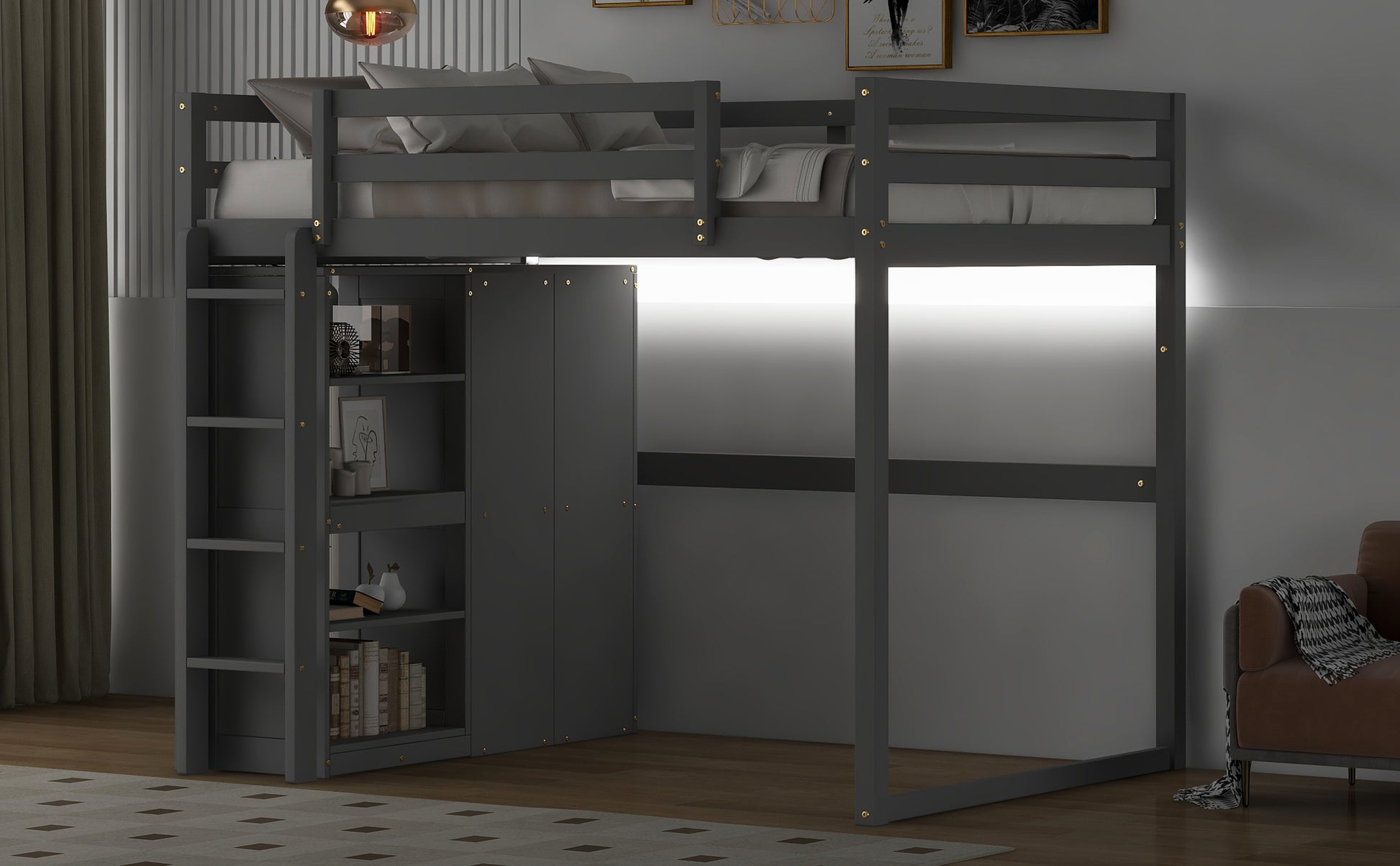 Dark grey wooden loft bed with builtin shelves and storage