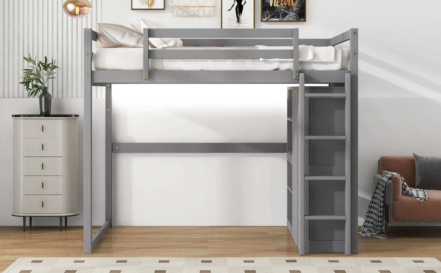 Gray wooden loft bed with white mattress and bedding