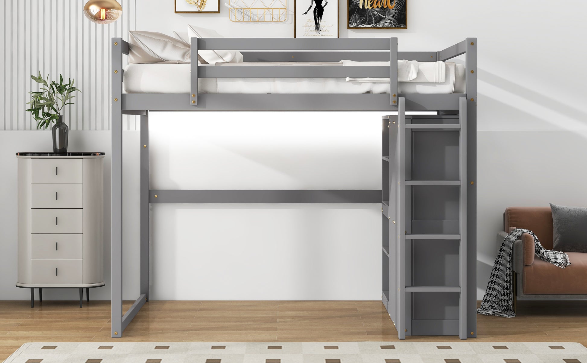 Gray wooden loft bed with white mattress and bedding