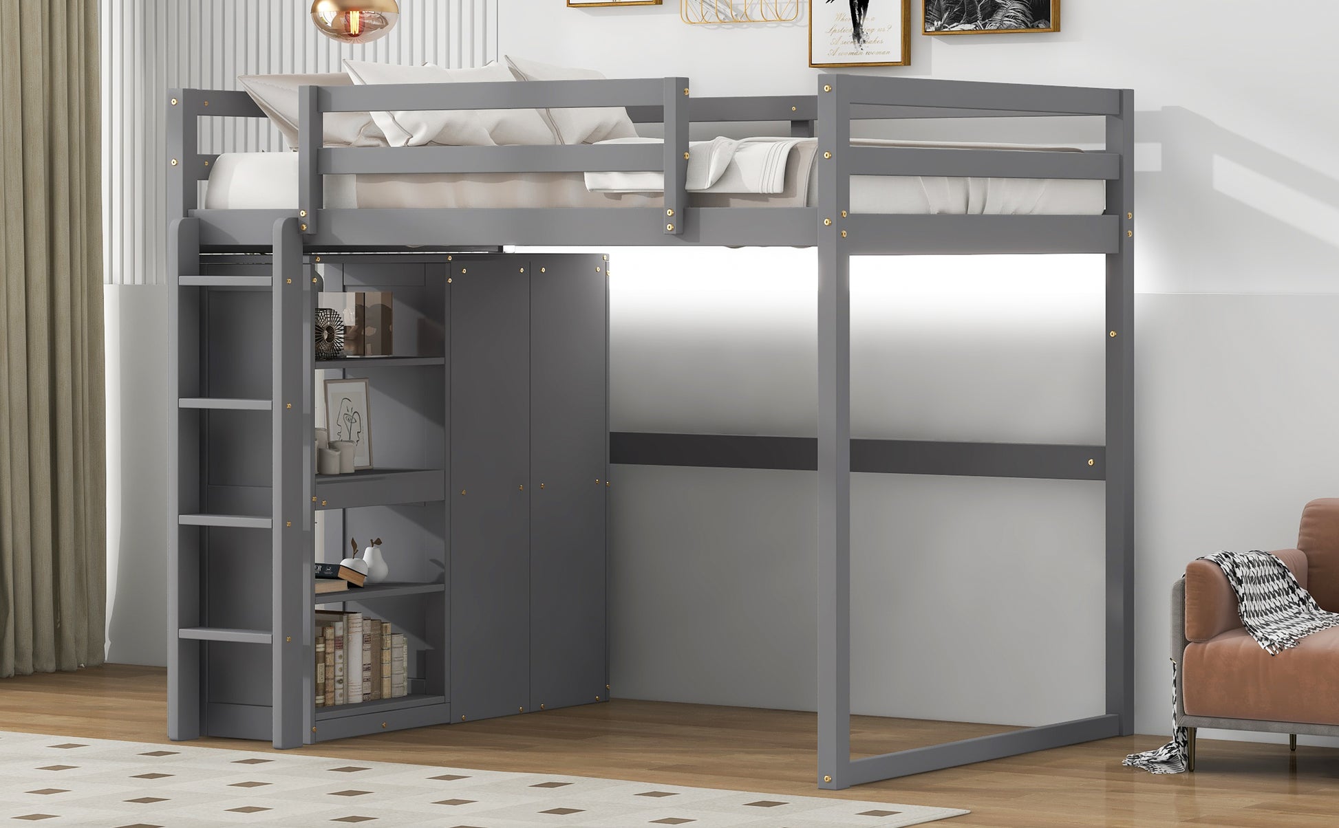 Gray loft bed with integrated wardrobe and shelving