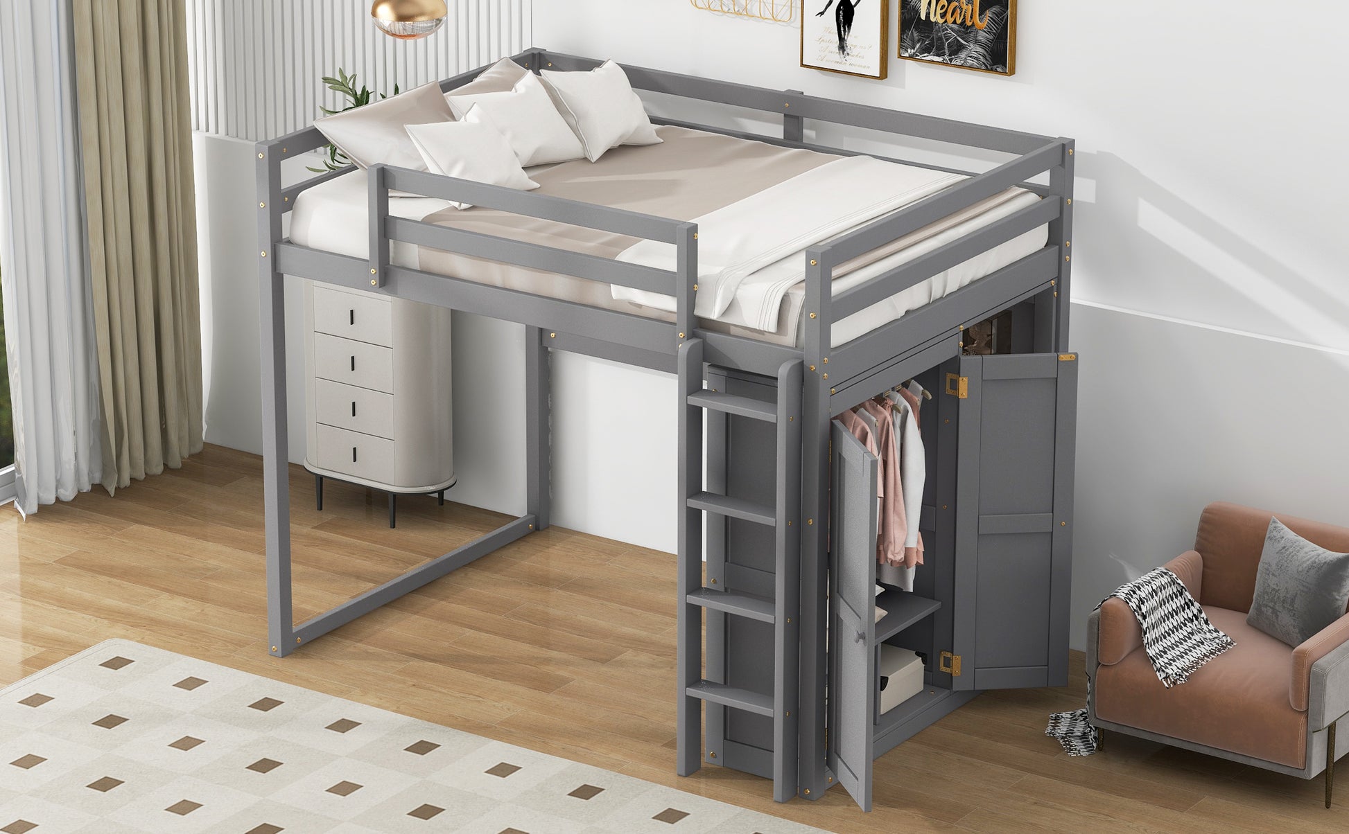 Gray loft bed with integrated wardrobe and ladder