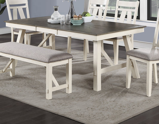 Rustic farmhouse dining table with twotone finish and upholstered bench