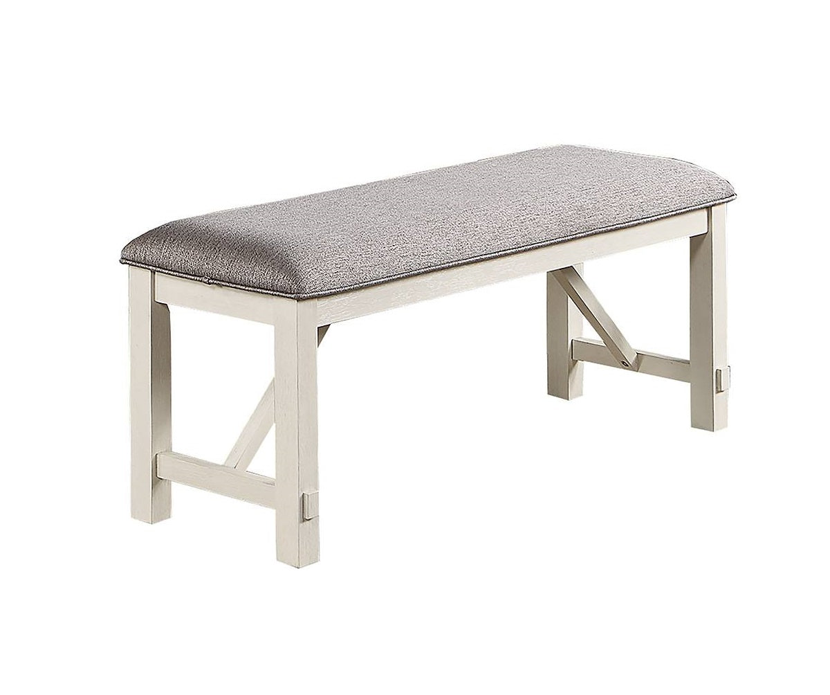 Cream upholstered bench with wooden legs and grey fabric seat