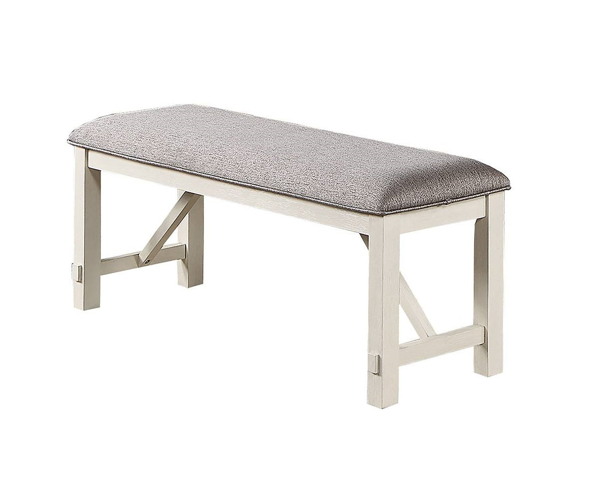 Upholstered bench with distressed white wood frame