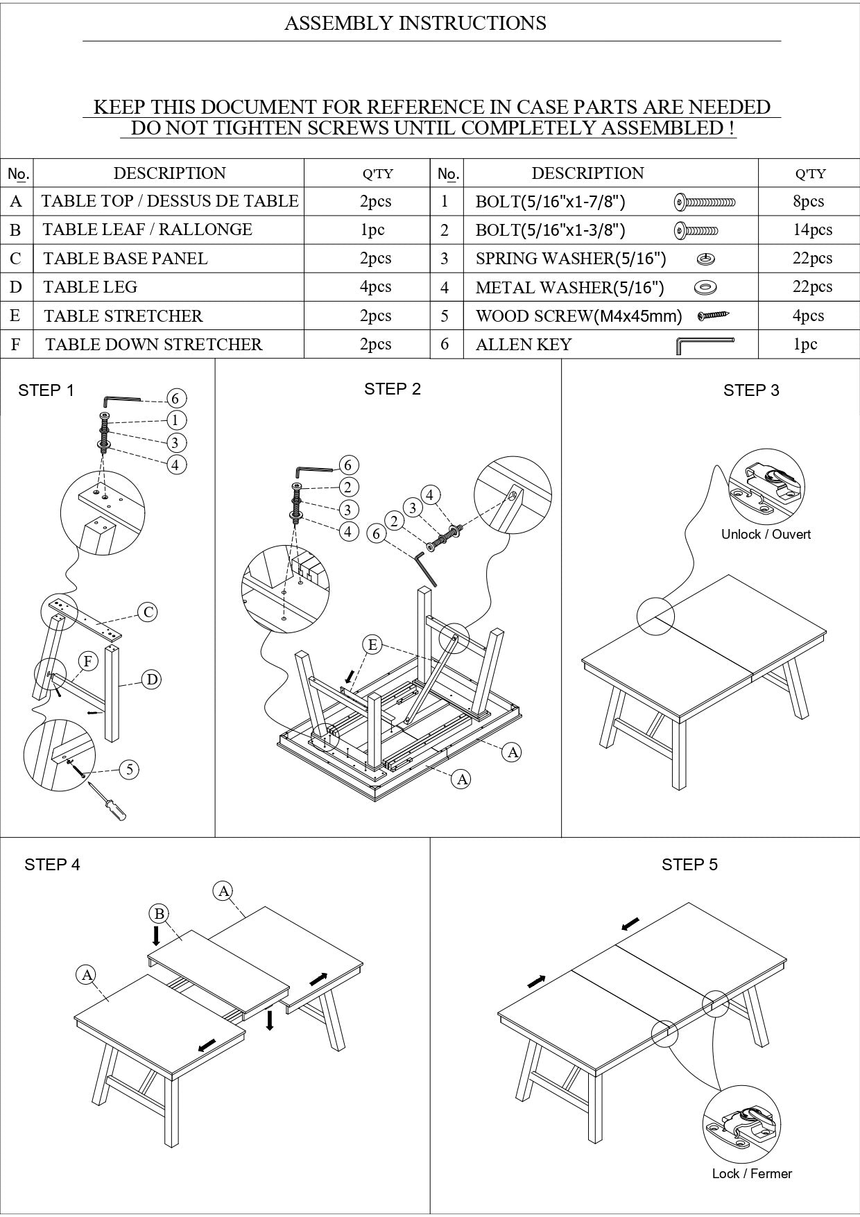 Assembly instructions for a table detailing parts like table top legs and stretcher with hardware