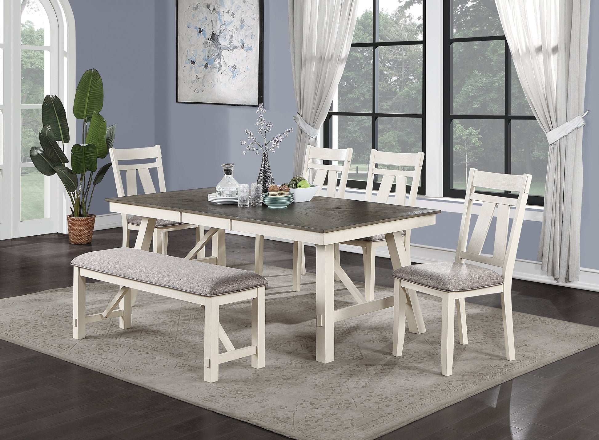 Rustic dining set with distressed white wood base and dark gray table top