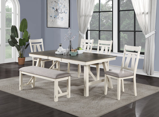 Rustic dining set with distressed white wood base and dark gray table top