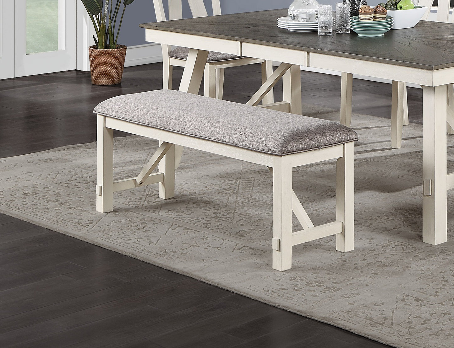 Cream dining bench with grey upholstered seat
