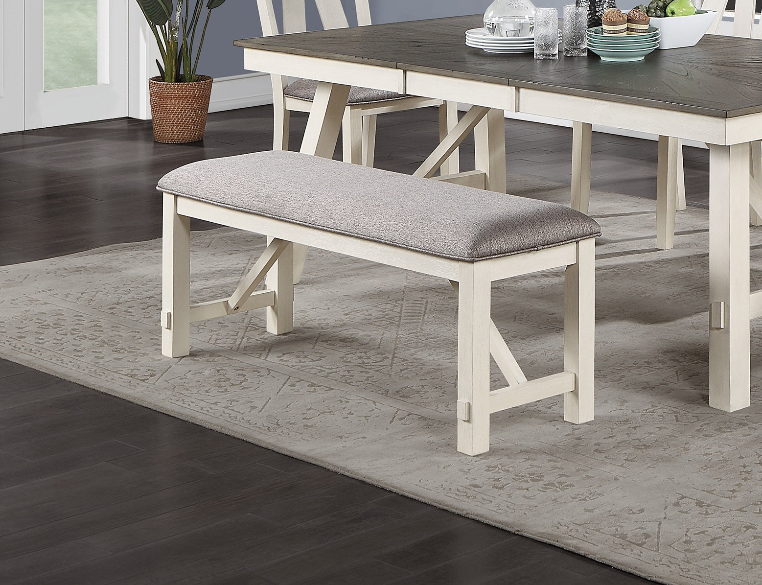 Cream dining bench with grey upholstered seat