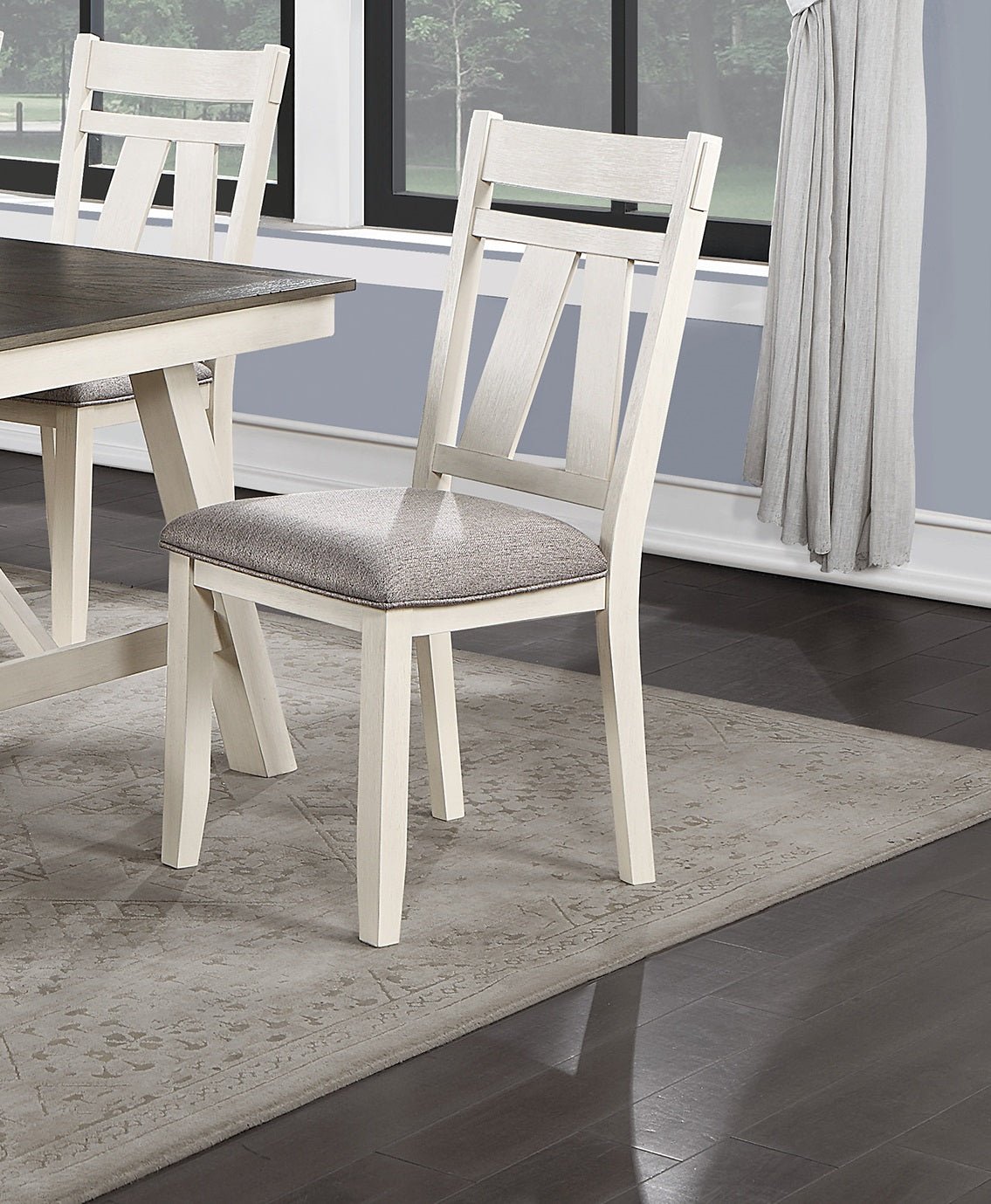 Cream upholstered dining chair with angled back slats