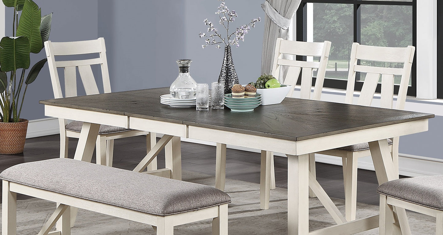 Rustic gray and white farmhouse dining table set with upholstered bench
