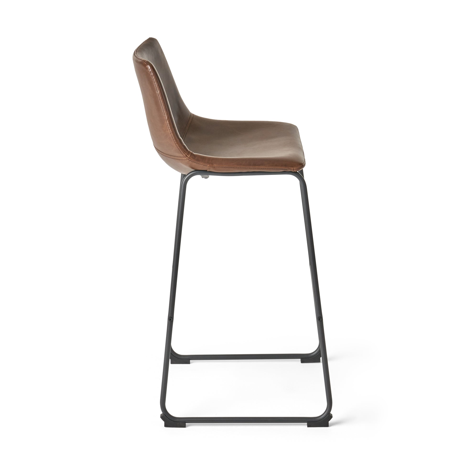 Brown leatherette bar stool with black metal legs and curved backrest