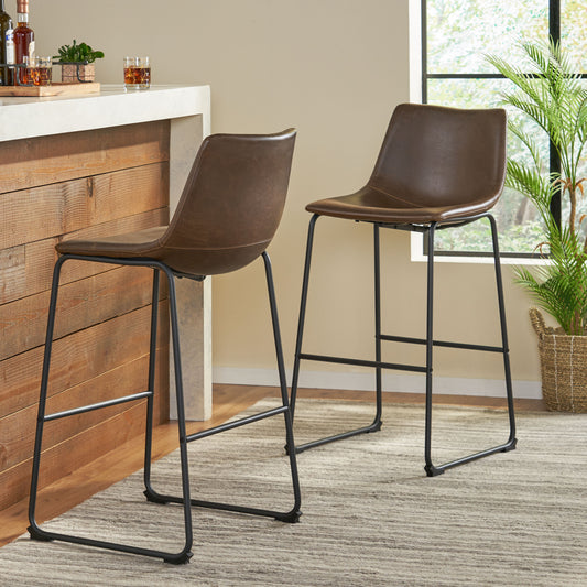 Brown vegan leather bar stool with black metal legs and lumbar support