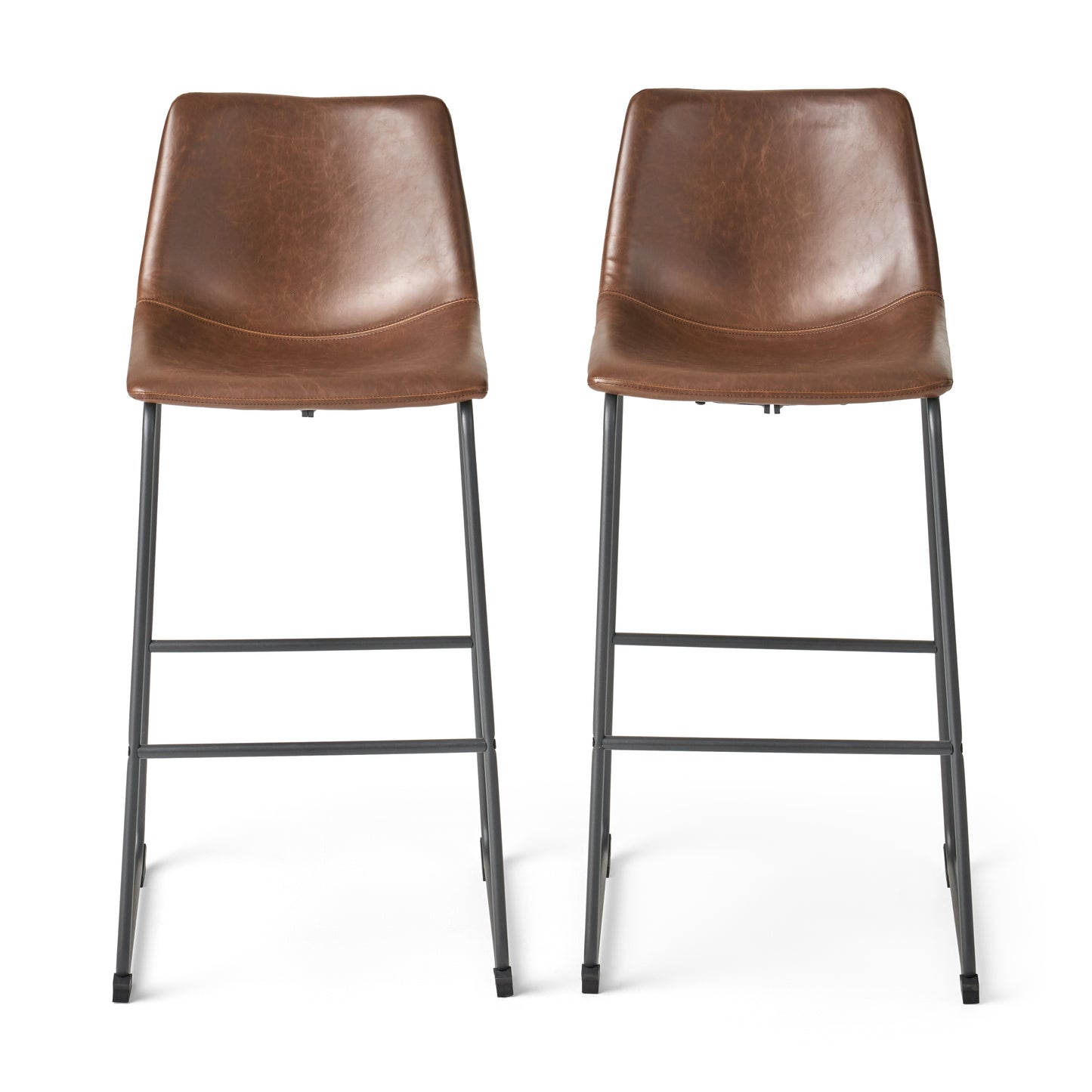 Two brown faux leather bar stools with black metal legs