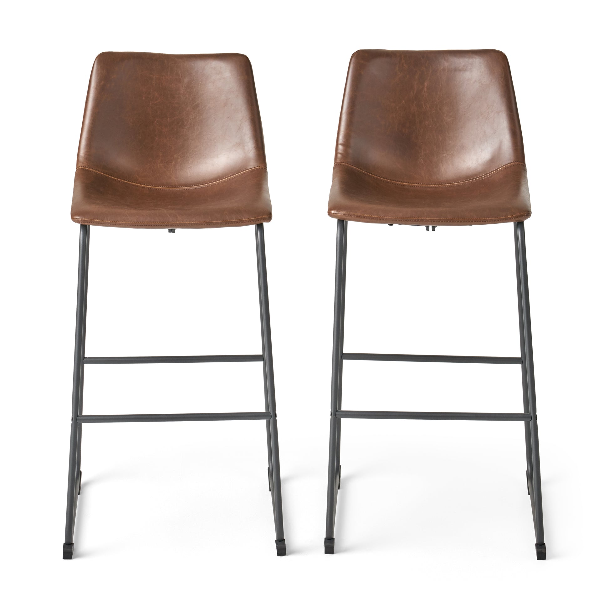 Two brown faux leather bar stools with black metal legs