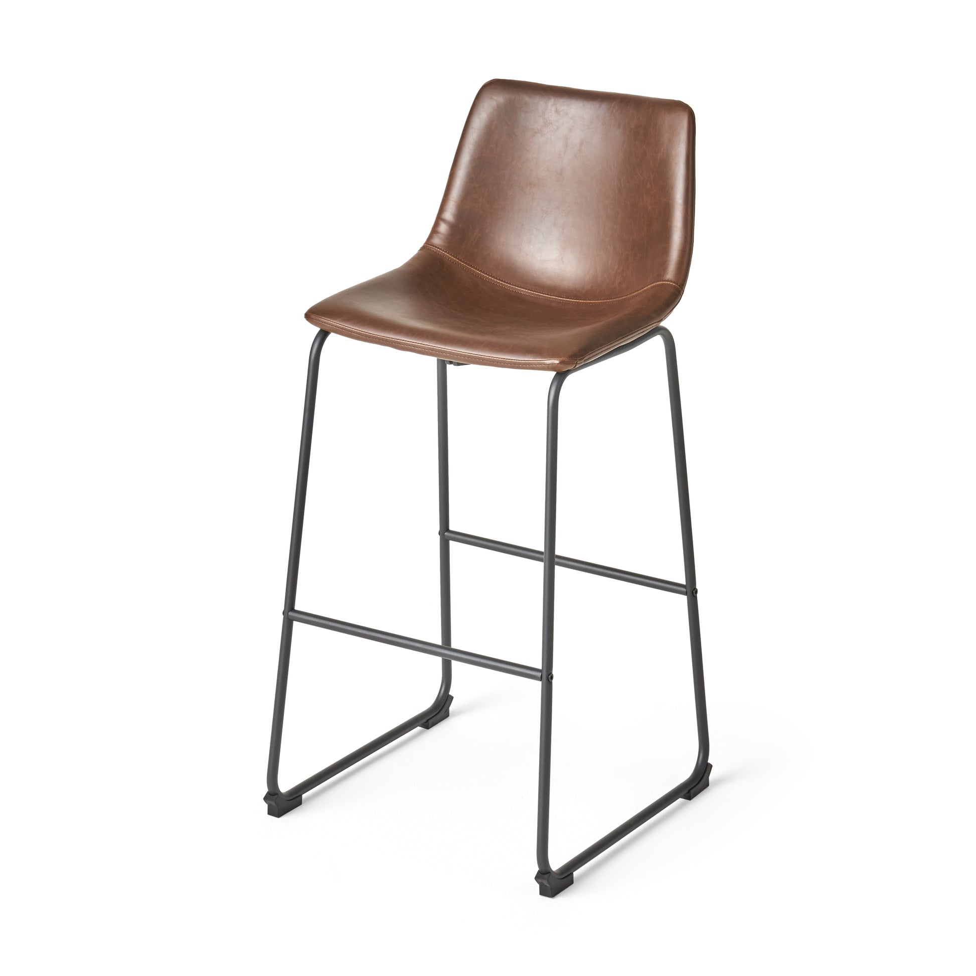 Brown leather bar stool with black metal frame