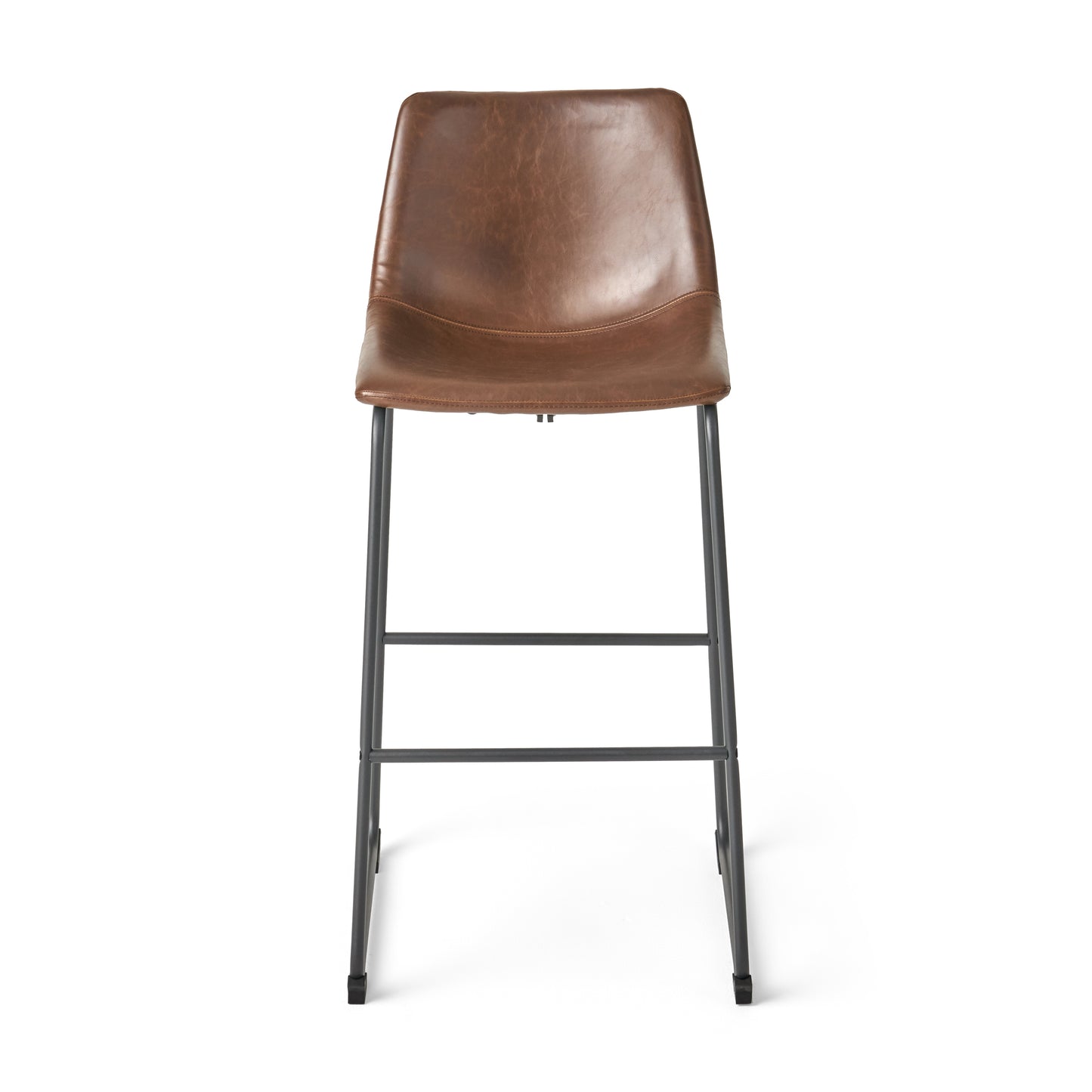 Brown faux leather bar stool with black metal legs and a curved back