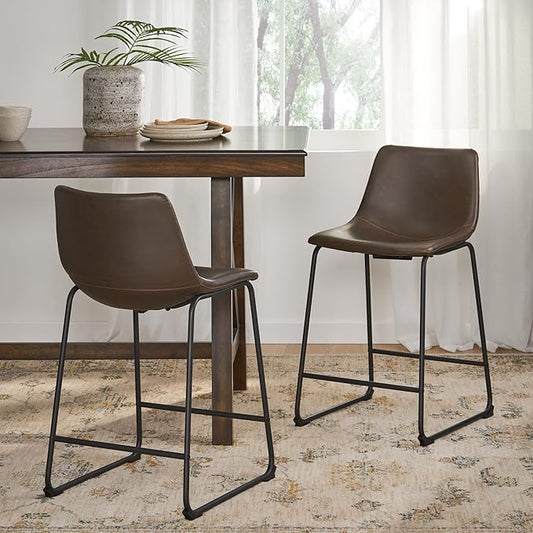 Brown faux leather bar stool with black metal legs