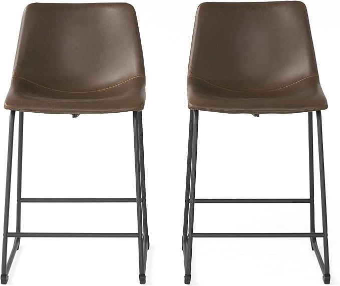 Two brown faux leather bar stools with black metal legs