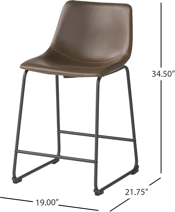 Brown faux leather counter stool with black metal legs and footrest