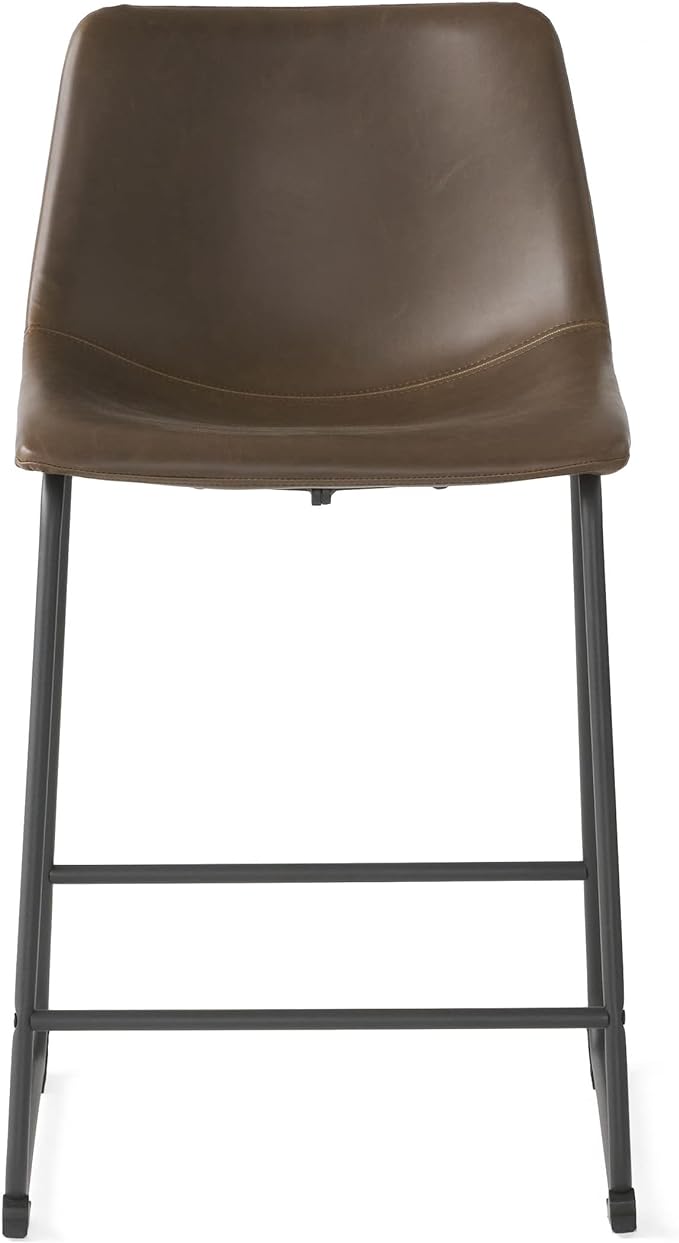 Brown faux leather bar stool with stitched detailing and dark metal legs