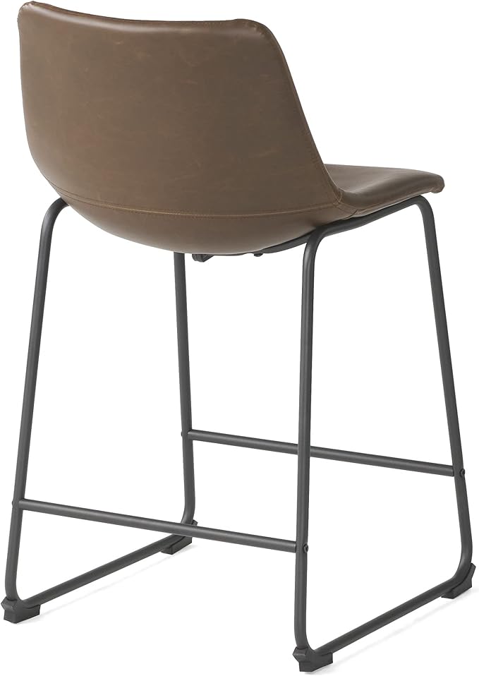 Brown faux leather bar stool with curved back and matte black metal legs