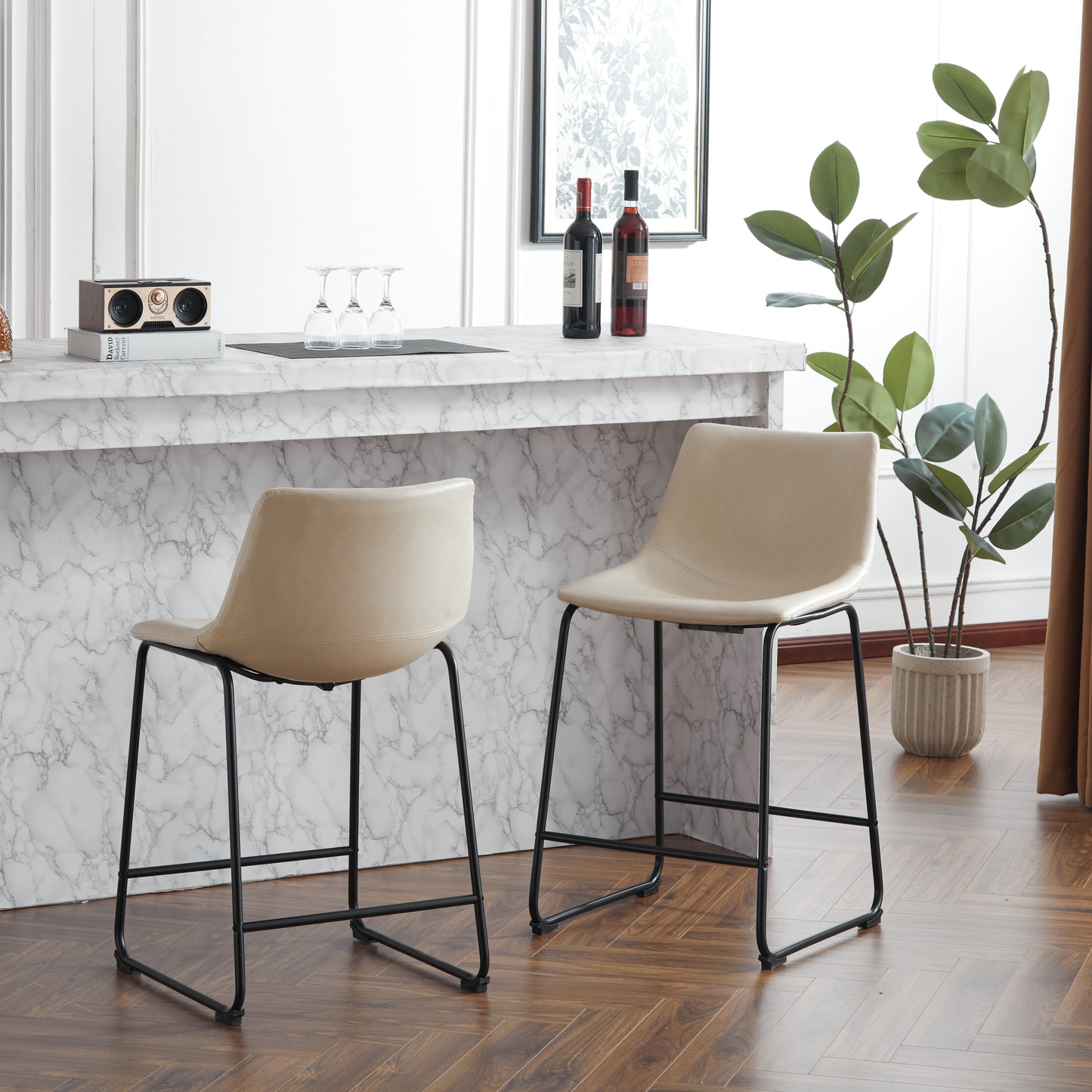 Modern beige faux leather bar stool with black metal legs