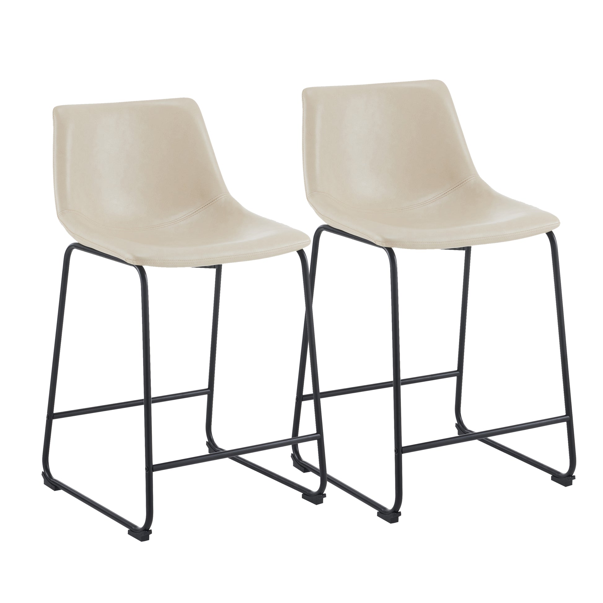 Pair of minimalist beige faux leather bar stools with black metal legs designed for modern kitchens