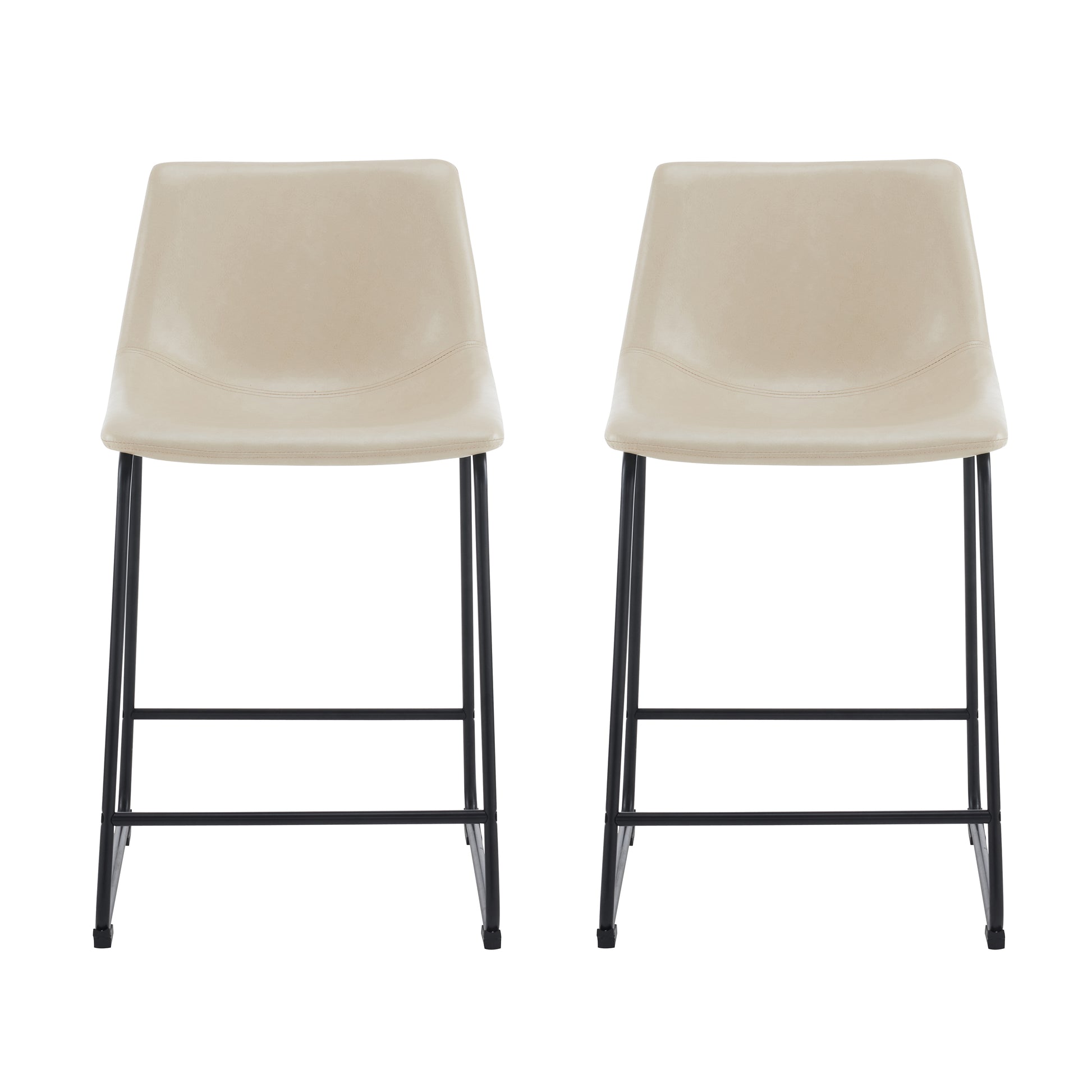 Two beige faux leather bar stools with black metal legs