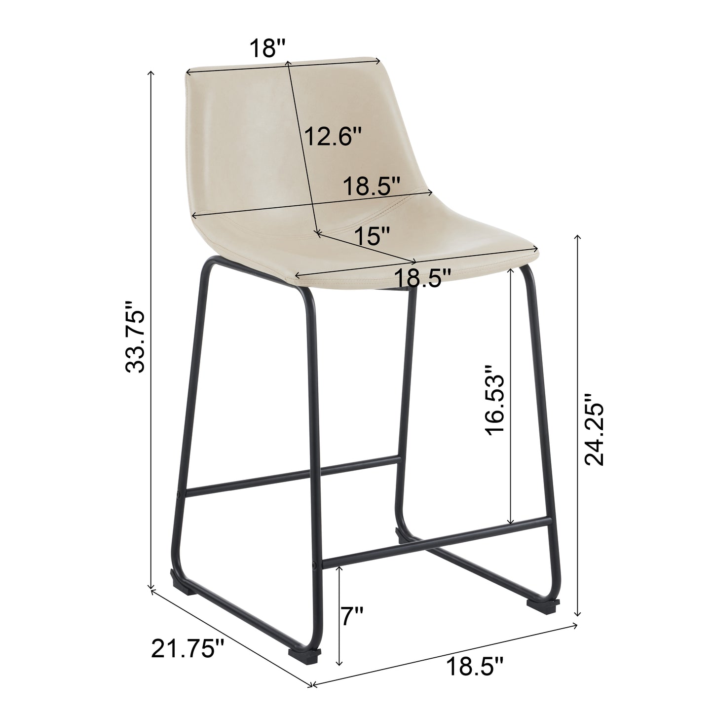 Cream faux leather counter stool with black metal legs and dimensions